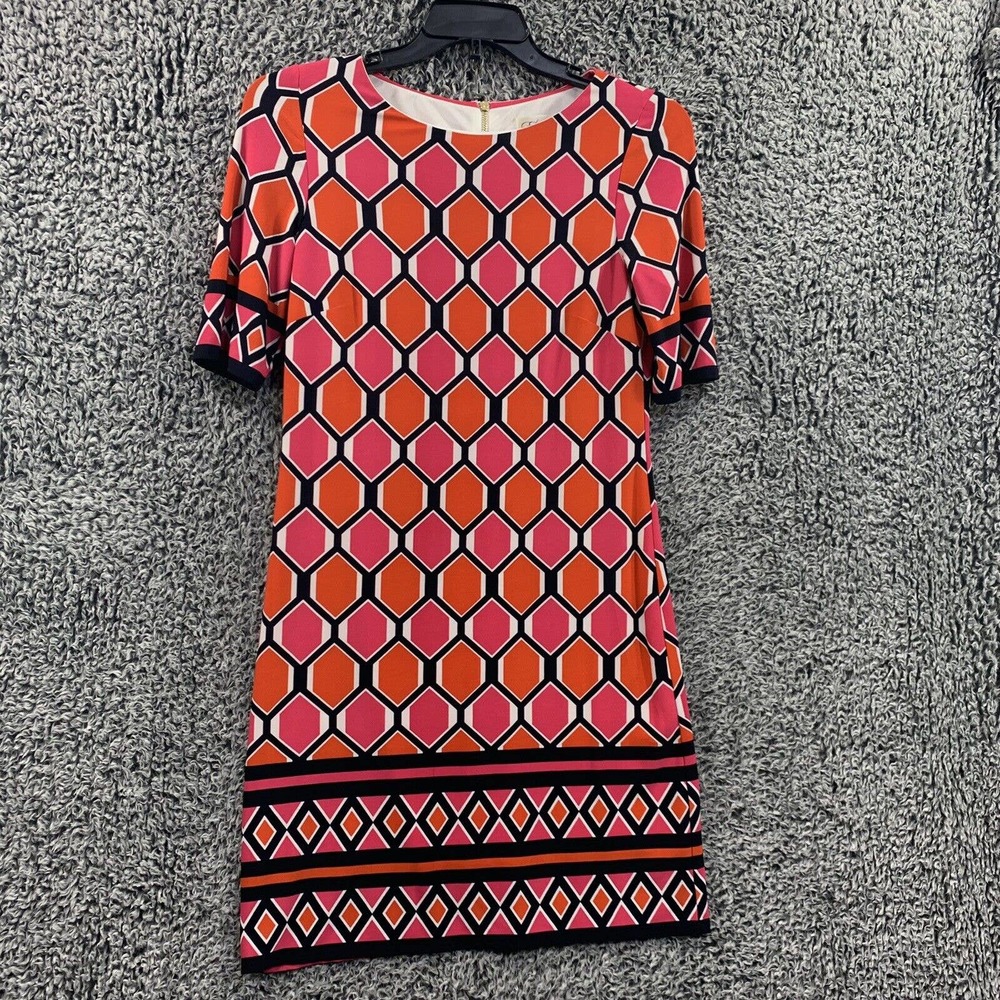 EUC! Eliza J Vibrant Pink and Orange Hexagon Dress